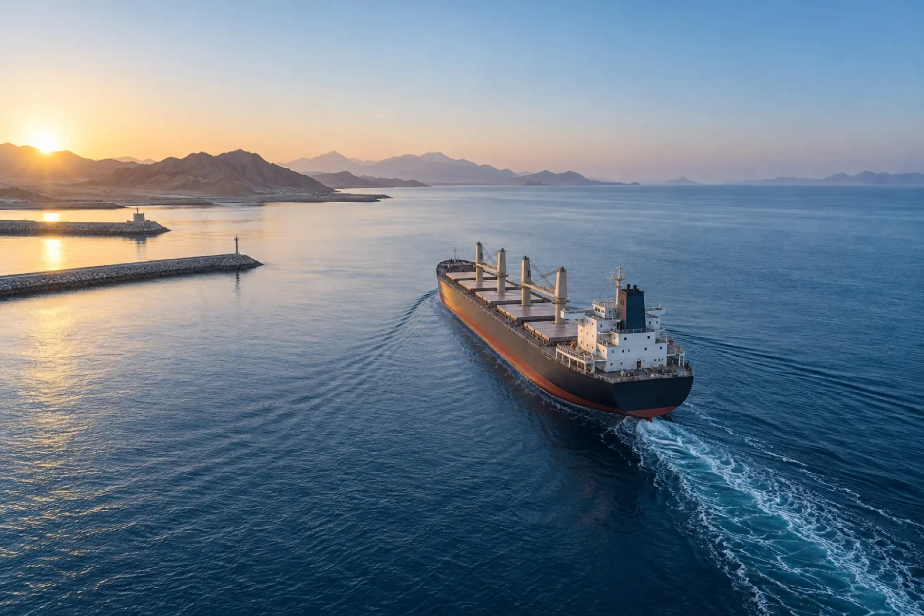 Illustrative generated image of a vessel leaving port at sunset.