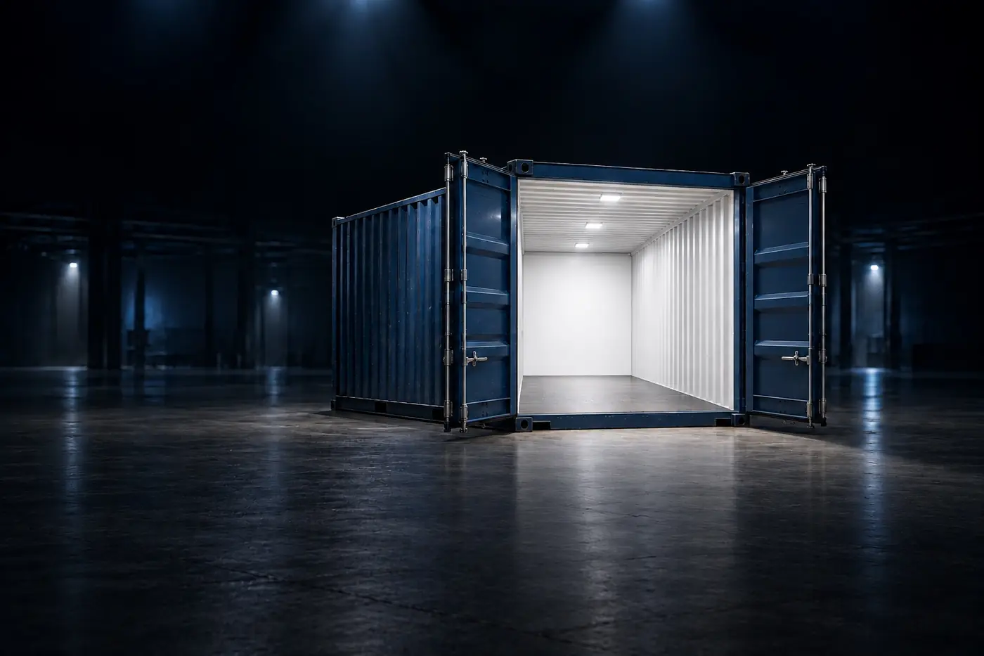 Illustrative generated image of an open shipping container lit from inside.