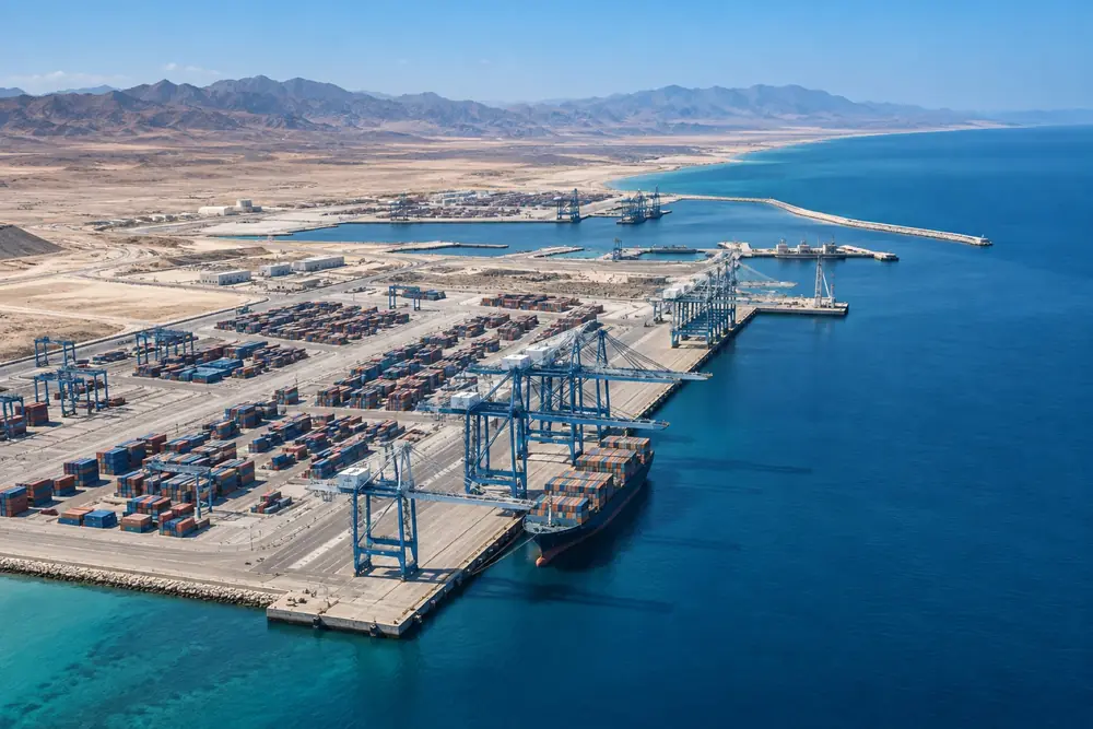 Illustrative generated aerial image of a Saudi container port on the Red Sea.